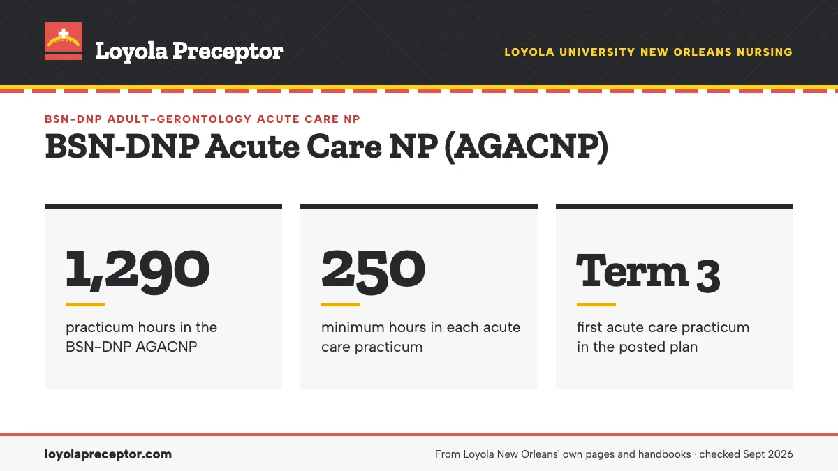 BSN-DNP Acute Care NP (AGACNP). 1,290: practicum hours in the BSN-DNP AGACNP; 250: minimum hours in each acute care practicum; Term 3: first acute care practicum in the posted plan.