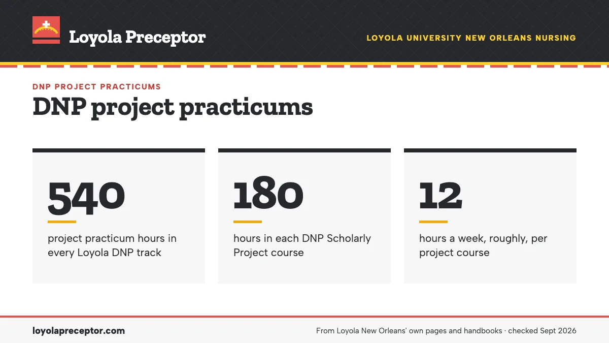 DNP project practicums. 540: project practicum hours in every Loyola DNP track; 180: hours in each DNP Scholarly Project course; 12: hours a week, roughly, per project course.
