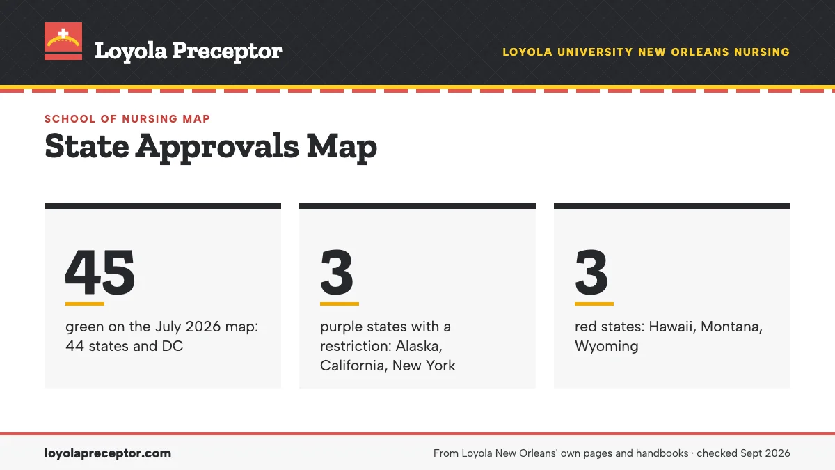 State Approvals Map. 45: green on the July 2026 map: 44 states and DC; 3: purple states with a restriction: Alaska, California, New York; 3: red states: Hawaii, Montana, Wyoming.